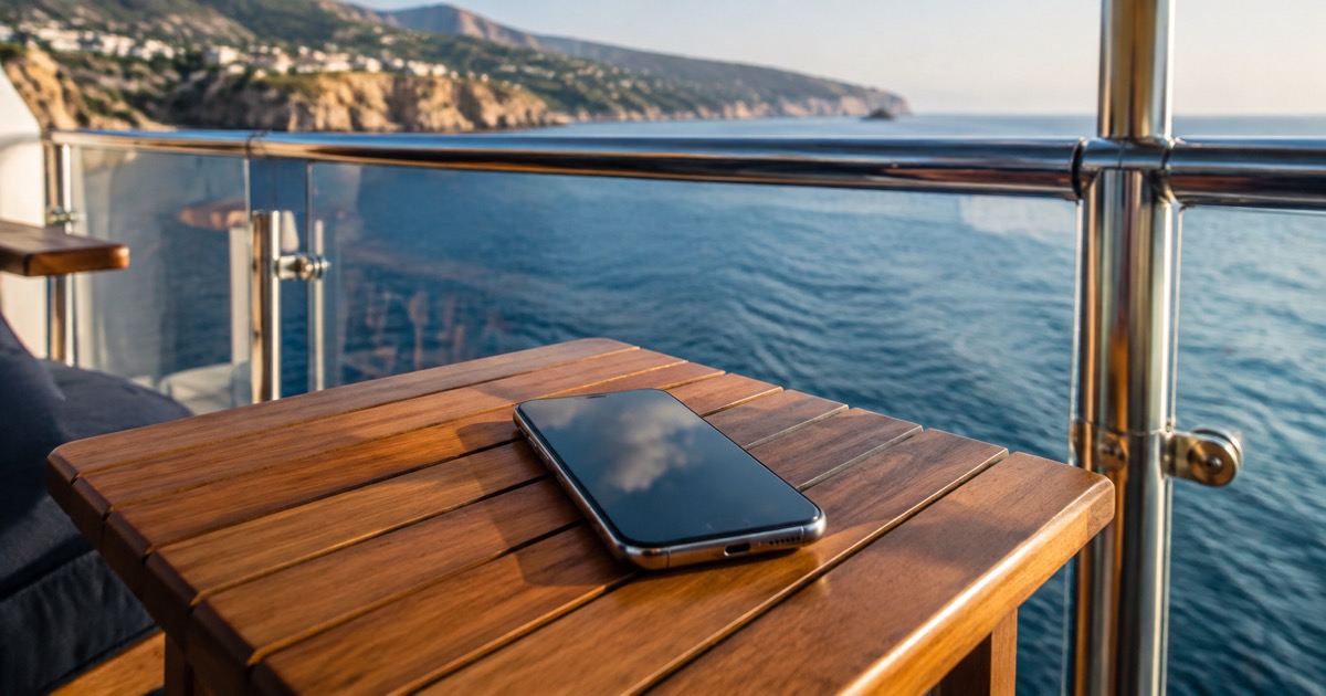 Téléphone posé sur une table de balcon de croisière face à la mer